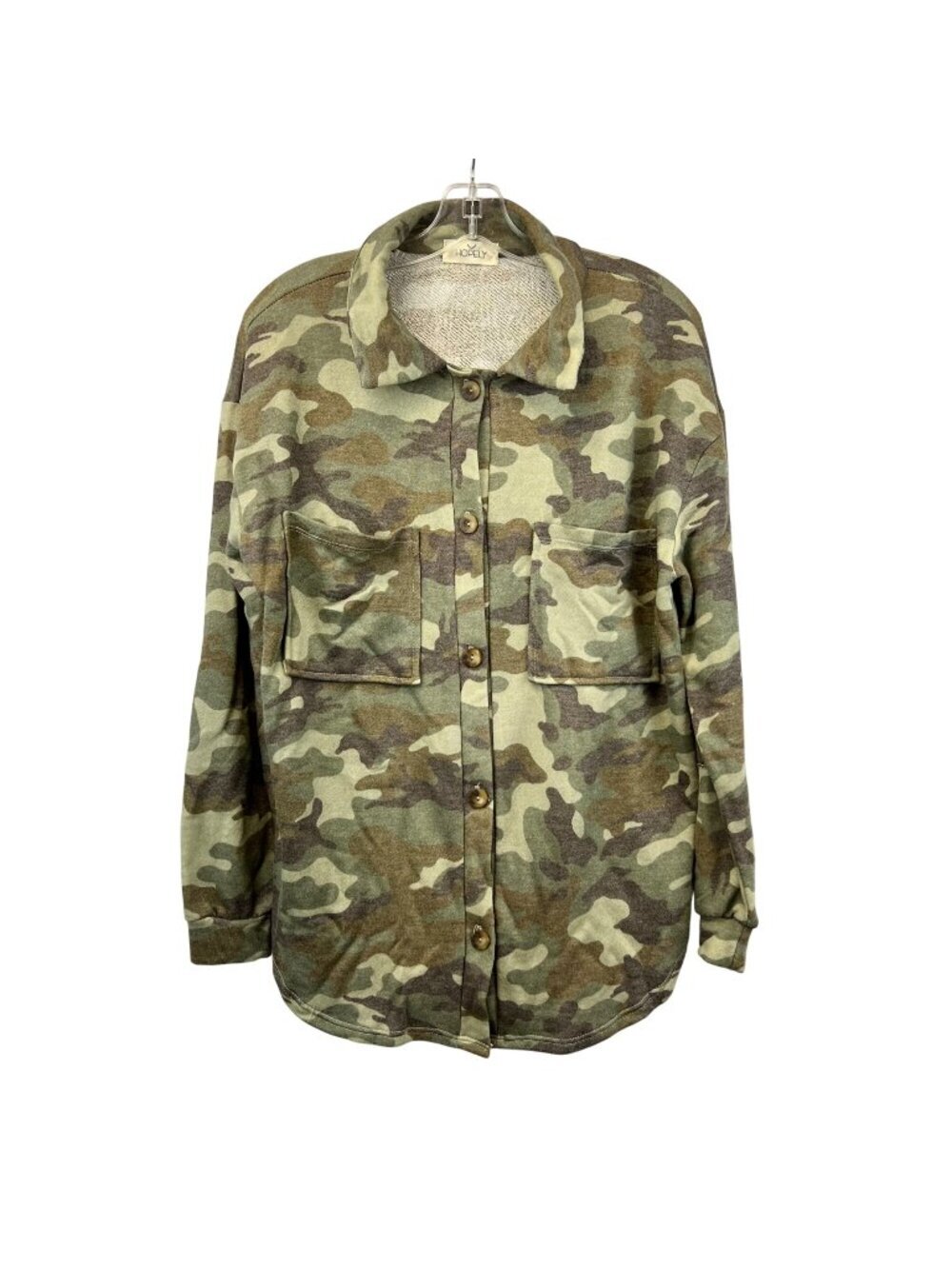 Hopely Womens Camo Button Up Top Long Sleeve Green Size Small